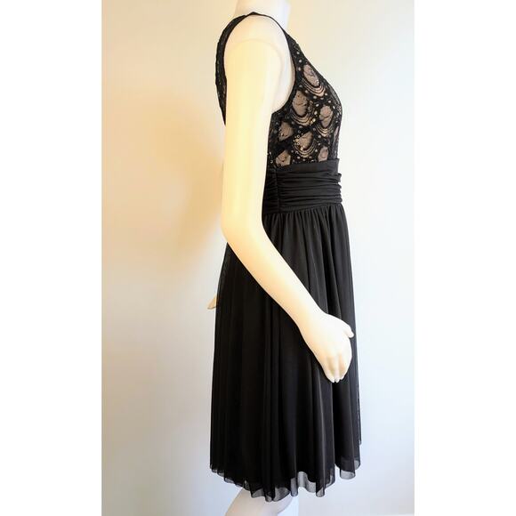 JH Evenings Black Sequin & Chiffon Dress Ruched Pleated Waist Sleeveless Size 6 - Picture 4 of 10
